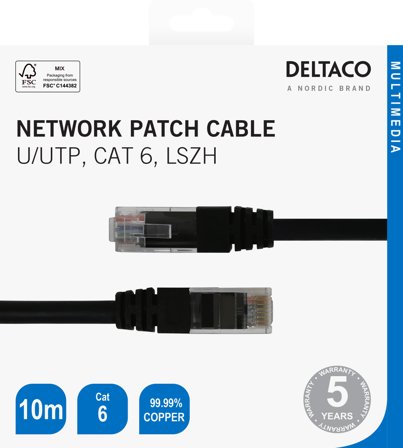 Deltaco Cat6 Network cable, 10m, black
