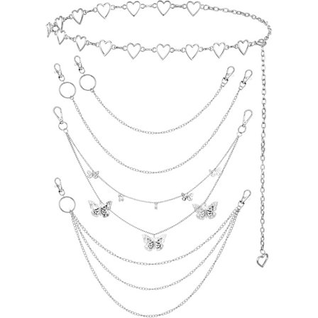 (AZC) 5 stk. kjettingbelte jeans bukser kjetting lomme midje kjetting flerlags hip hop metall lommebok kjetting sølv