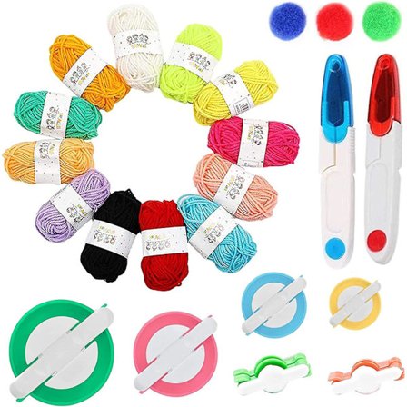 20 kpl Pom Pom -työkalusarja, 6 eri kokoa Pompom-tekijää ja 12 väriä lankaa