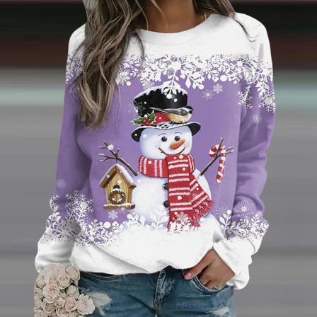 Ladies Snowman Print Skarvad Tunika Blus Crew Neck Pullover