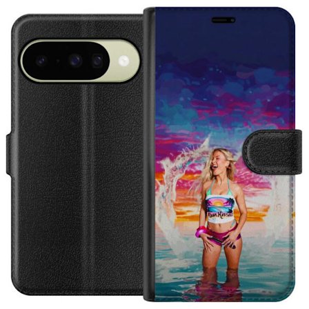 Kompatibel Tegnebogsetui til Google Pixel 10 Blond kvinde i farverigt strandtøj, der leger i havet ved solnedgang