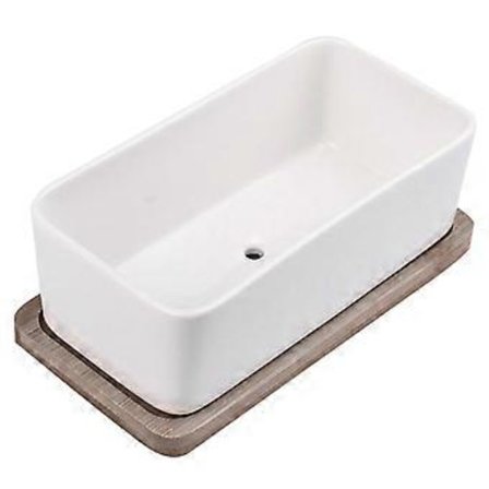 1 Set Keramisk Avlång Blomkruka med Bambubricka Suckulent Planteringskärl Trädgård Bonsai Kruka Blomkruka Vit (1st Blomkruka 1st Bambubricka)