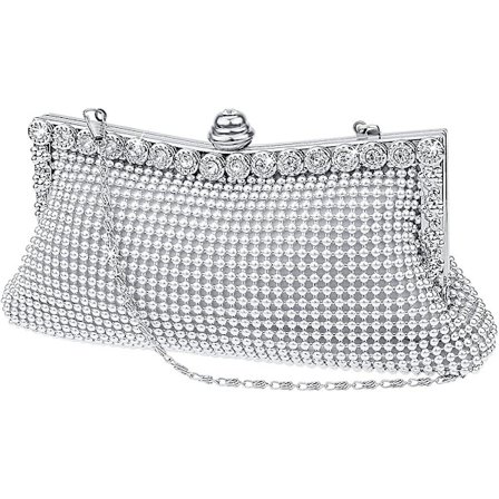 Kvällsklänning Koppling Väska Bröllop Bal Fest Handväska Natt Väska med Kort och Lång Kedja (Silver)