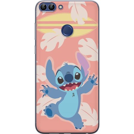 Kompatibel Mobilcover til Huawei P smart Glad illustration af Stitch der hopper foran lyserød baggrund med surfbræt
