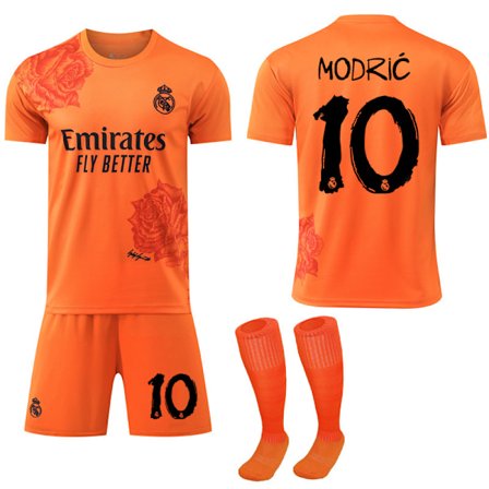 2024 Real Madrid Y3 Co-Branded Special Edition Rose Pattern Fotbollströja Orange Barnfotbollsutrustning