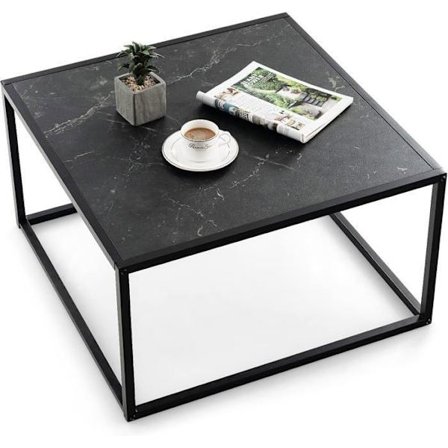 COSTWAY Modern Square Sofabord, 70 x 70 x 40 CM, med imiteret marmorbordplade og stålstel, sort