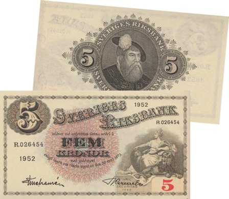 Sverige 1946-1952 - Den første 5 kronor pengeseddel som parlementarisk stat - 1 pengeseddel med cert