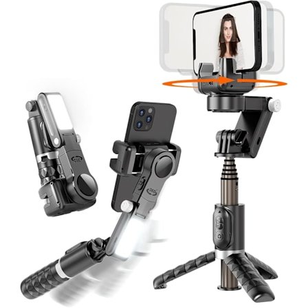 Gimbal-stabilisator for smarttelefon, 2-akset automatisk ansikts-sporing selfie-stick for iPhone, 360° rotasjon med fjernkontroll for Android