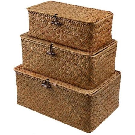 Vävd Korg Flätad Korg med Lock Sjögräs Tvättkorg Rattan Organizer Box för Badrum Vardagsrum Kök(qb)