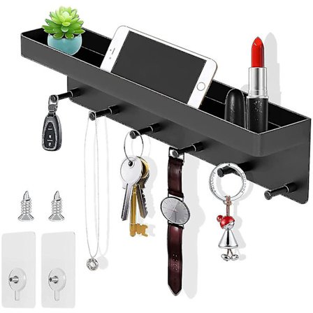 Nyckeltavla med hylla, 6 krokar nyckelbar, modern nyckeltavla svart