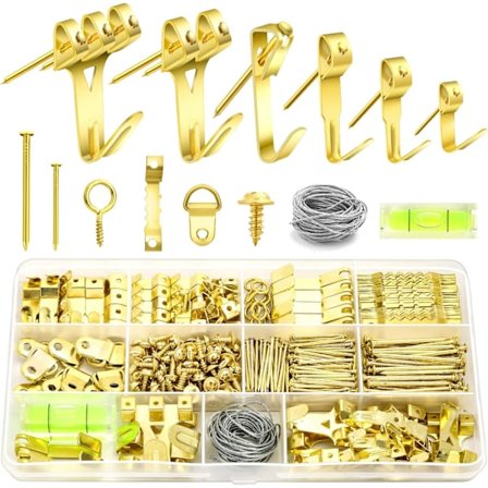 372 stk. billedkroge til rammer med bøjler, søm, wire, mini vaterpas, spejle, lærred, kraftige gipsvægge - 75 lbs