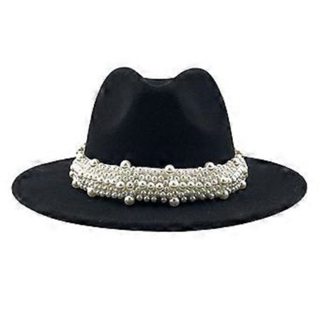 Cashmere Fedora-hatte med bred skygge til kvinder og mænd, elegante hatte ensfarvet Panama-hat med perledekoreret skygge (Sort)
