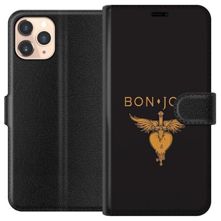 Kompatibelt Plånboksfodral till Apple iPhone 11 Pro Ikonisk musikillustration med bevingat hjärta och dolk i guldtoner på mörk bakgrund, kraftfull