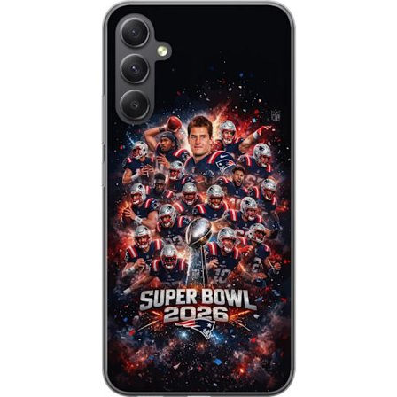 Yhteensopiva Puhelinkuori Samsung Galaxy A05s Super Bowl 2026 juliste, jossa New England Patriots ja NFL-mestaruuspalkinto räjähtävän urheilullisessa