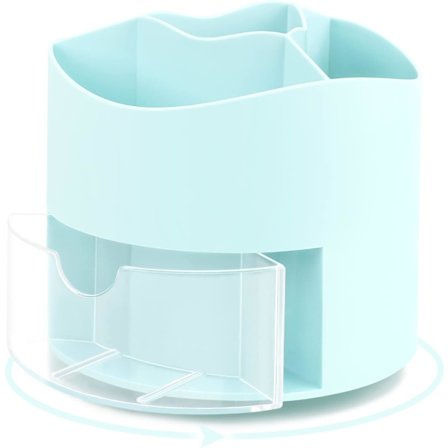 Roterende Penneholder, 4 Rum Pennepot - Skrivebordsopbevaring til Kontorartikler, Makeup Børster Holder til Hjem og Kontor, Pennearrangør (Blå)