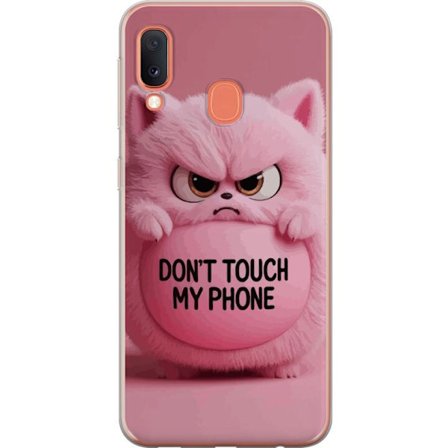 Kompatibel Mobilcover til Samsung Galaxy A20e Vred pink fluffy kat med teksten "Rør ikke min telefon", et humoristisk beskyttelsesmotiv som passer til