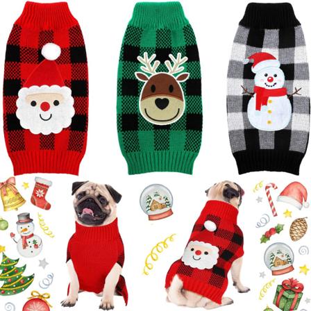 3 stycken jultröjor för hundar, set med tomte, snögubbe och ren, rutig tröja för valpar, hundkläder, husdjursstickat, hund- och kattkläder, medium