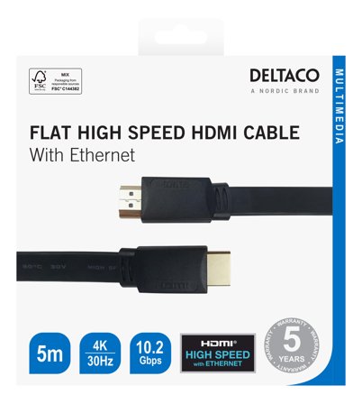 Deltaco Flat High Speed with Ethernet HDMI cable, 4K UHD, 5m, black