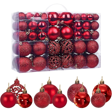 Paket med 100 Röda Julgranskulor för Julgran, Glittrande, Opaka, Blanka Dekorationer, Diameter 3, 4 och 6 cm