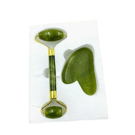 Ansiktsrulle Hudpleiepakke, Jade Gua Sha Ansiktsmassasjesett med doble ruller og skrape, Stor rulle for kinn og panne, Liten rulle for