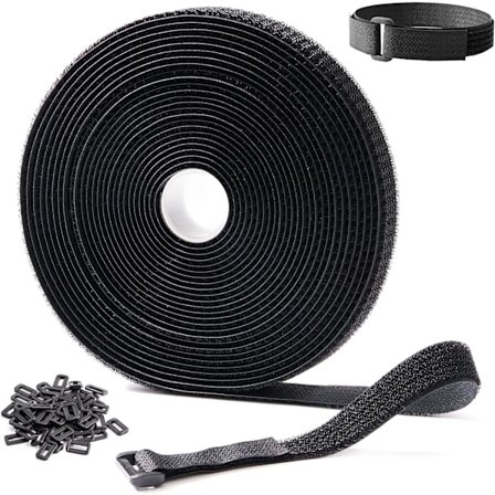 2,5 cm x 10 m Kraftig Kardborreband med 50 öglor - Justerbart, klippbart, återanvändbart band för att säkra kablar, slangar, rör, etc.