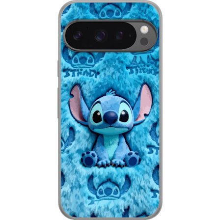 Kompatibelt Genomskinligt Skal till Google Pixel 9 Pro XL Stitch sitter på fluffigt blått mönster med sitt ansikte och öron upprepade som textur,