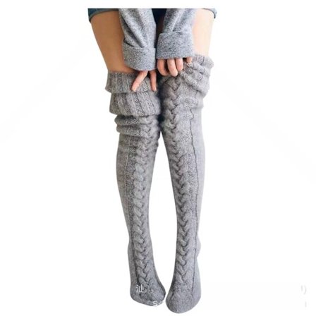 Strikkede Over-the-Knee Strømper, Lang Længde, Pile-Up Stil, Uldstrømper - Sort