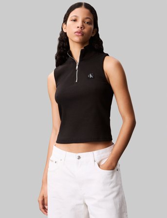 Calvin Klein Jeans A- Woven Label Sl Qz Top - Black - S