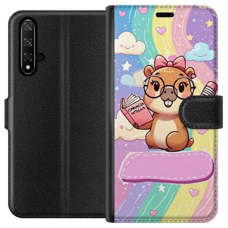 Kompatibelt Plånboksfodral till Honor Honor 20 Söt kawaii-karaktär av liten gnagare med glasögon, bok och penna, pastellfärger och regnbågsbakgr