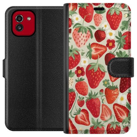 Kompatibel Tegnebogsetui til Samsung Galaxy A03 Dekorativt mønster med røde jordbær, grønne blade og små blomster