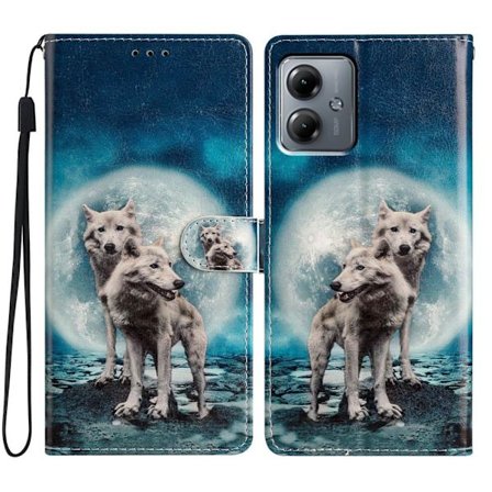 Motorola Moto G54 5G Case Vegan Leather Pattern Printing Stand Protective Phone Cover - Two Wolves