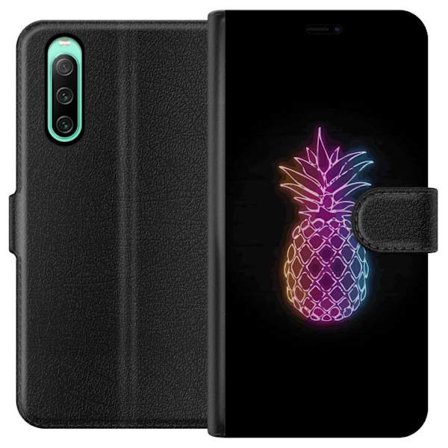 Yhteensopiva Lompakkokotelo Sony Sony Xperia 10 IV Neonkuvitus ananaksesta värikkäässä valossa mustaa taustaa vasten
