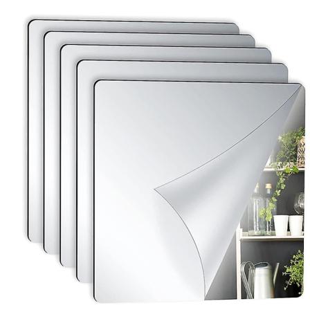 Fleksibelt Speilark, Selvklebende, Ikke-Glass, Speilfliser, Speil-Klistremerker for Hjemmeveggdekor (5 Stykker, 8 x 8 Tommer) (FMY)