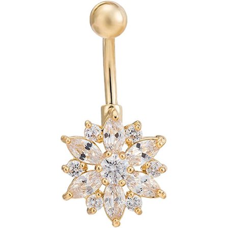 Mave Ring - Kirurgisk Stål Vibrant Rhinestone Blomster Navle Ringe Belagt i 18k Guld - Diamant Kort Chrysanthemu