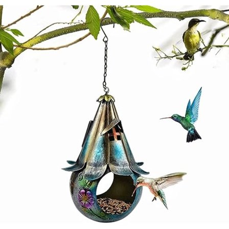 Solcelledrevne fuglematere for utendørs henging 2 i 1 solfuglekasse smidd jernkunst villfuglmater med krok, gaveideer for hagebakgård villfuglekasse 