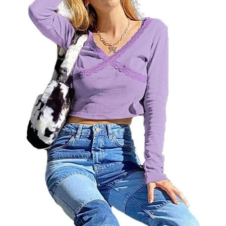 IC Kvinner Langærmet Blonder Skjorte Fargeblokk Patchwork Crop Tops