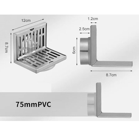 Retvinklet vægafløb L-formet sideafløb 75 75