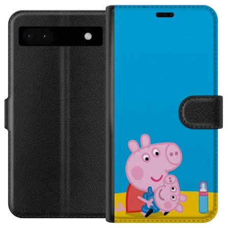 Yhteensopiva Lompakkokotelo Google Pixel 6a Peppa Pig haltijan teema kruunulla ja taikasauvalla vaaleanpunaisella taustalla, söpö lasten kuvitus Greta