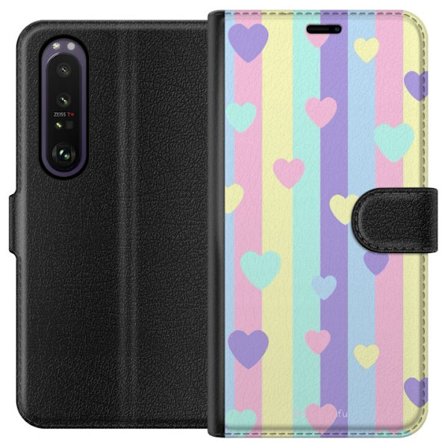Kompatibelt Lommeboketui til Sony Xperia 1 III Pastellstriper i rosa, gul, lilla og blå med spredte hjerter i myk kawaii-stil.