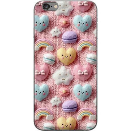 Yhteensopiva Puhelinkuori Apple iPhone 6s Plus Pastellimotiiivi sydämillä, pilvillä, sateenkaarilla ja makaronseilla vaaleanpunaisella taustalla suloi