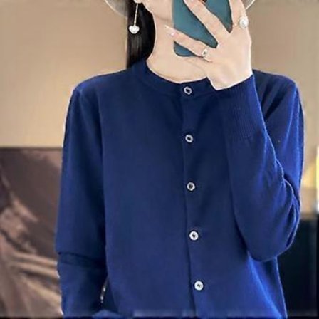 Forår og efterår dame cardigan ensfarvet rund hals enkeltknappet strikket bund dame sweater jakke (L marineblå)