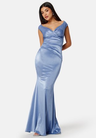 Goddiva-Satin Bardot Pleat Maxi Dress-M (UK12)
