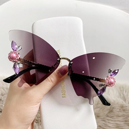 Crystal Butterfly Solglasögon Kvinnor Vintage båglösa Bling Diamond Shades Solglasögon