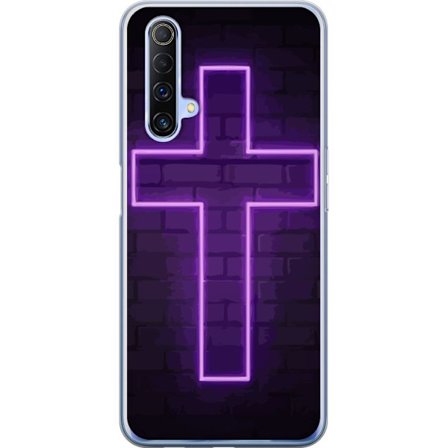 Yhteensopiva Puhelinkuori Realme Realme X50 5G Neonristi purppuranvalossa tummaa tiiliseinää vasten, symbolinen motiivi vahvalla hohto moderni estee