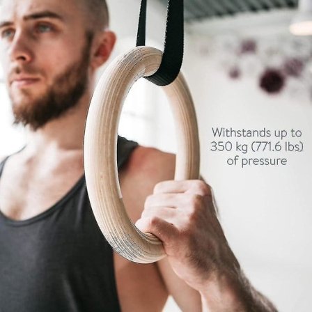 Turnringer i tre inkludert opphengsstropper - Sett med 2-6 meter lange - Justerbare turnringer - For hjemmetrening og fitness