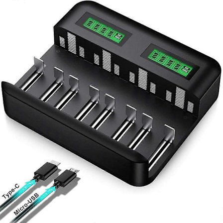 LCD Universal Batterilader - 8-bays AA /AAA /C /D Batterilader for Oppladbare Batterier med 2A USB-port, Type C-inngang, Rask AA /AAA Batterilader