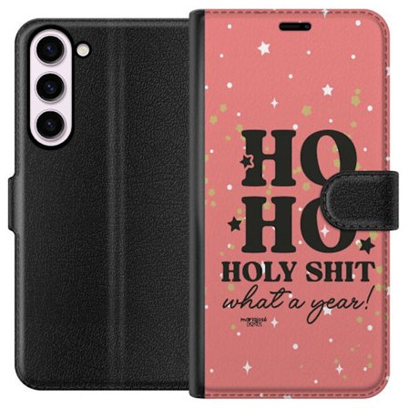 Kompatibelt Plånboksfodral till Samsung Galaxy S23+ HO HO Holy Shit What a Year humorsitiskt rosa julmotiv med glitterstjärnor perfekt för trendiga