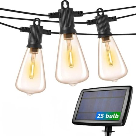 Solcellsslinga 30 m utomhus, IP65 vattentät, LED-ljusslinga med 25+2 ST38-lampor, trädgårdsdekor