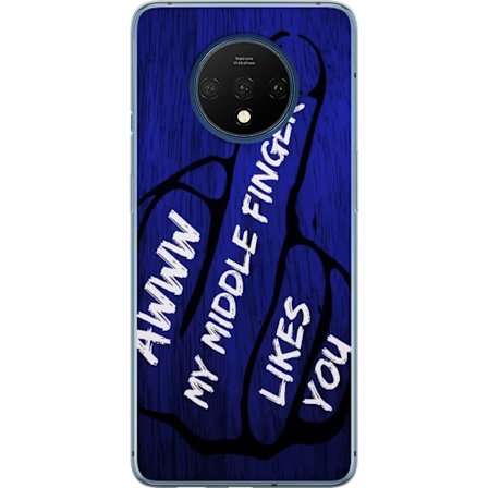 Kompatibel Mobilcover til OnePlus 7T Mørk typografisk illustration med hjerteform og budskab om venskab mod dybblå trætekstur