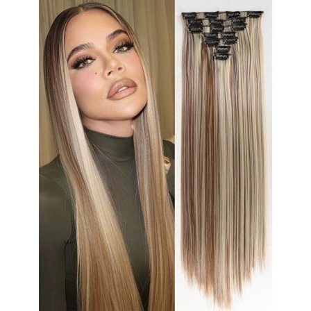 24 tum 16 klipp i hårförlängningar Lång rak frisyr Syntetiskt blond svart hårstrån Värmebeständigt löshår